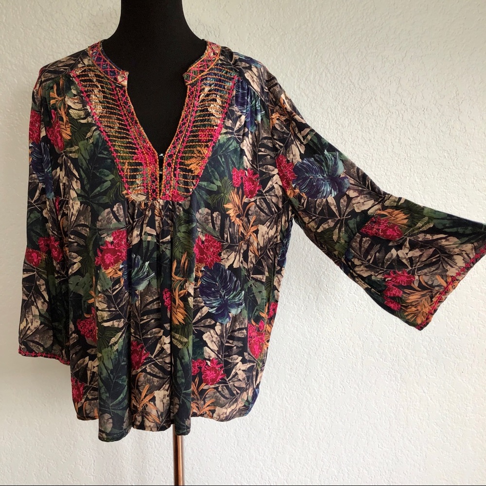 Johnny Was Tropical Floral Top with Bell Sleeves Size L